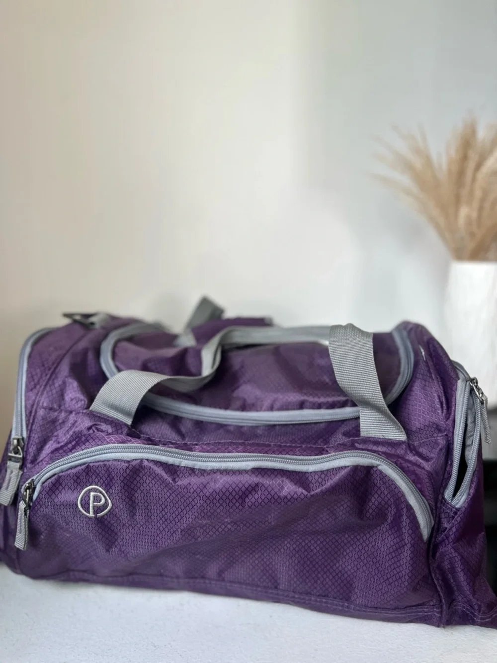 Purple Travel Duffel Bag with Gray Trim
